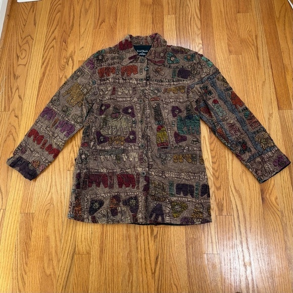 SACRED THREADS Cotton Embroidered Jacket Boho Artsy Animals Elephants Giraffes M - Picture 6 of 16